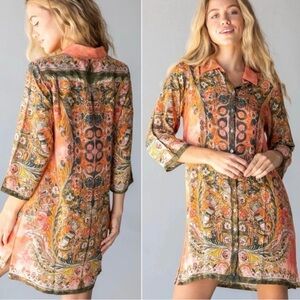 NWT Natural Life Fiona Paisley Coral Floral Tunic Boho Mini Long Sleeve Dress M